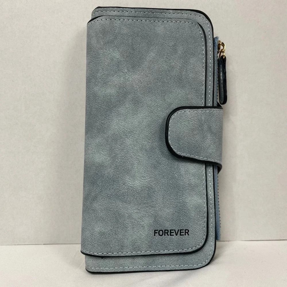 Womens Wallet Blue Faux Suede Bifold Zip Around Multi Card Holder ID Window NWT‎